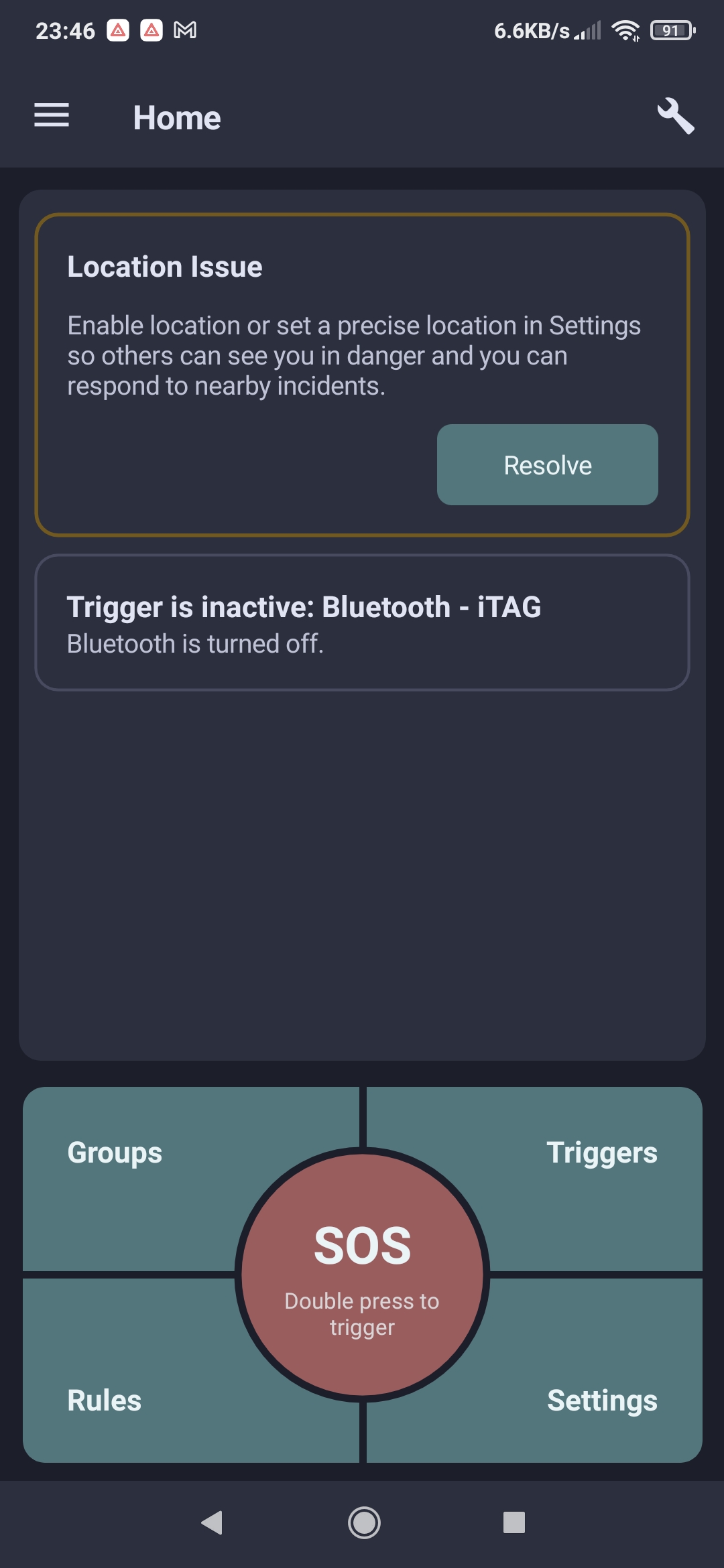 Home screen with location and trigger status